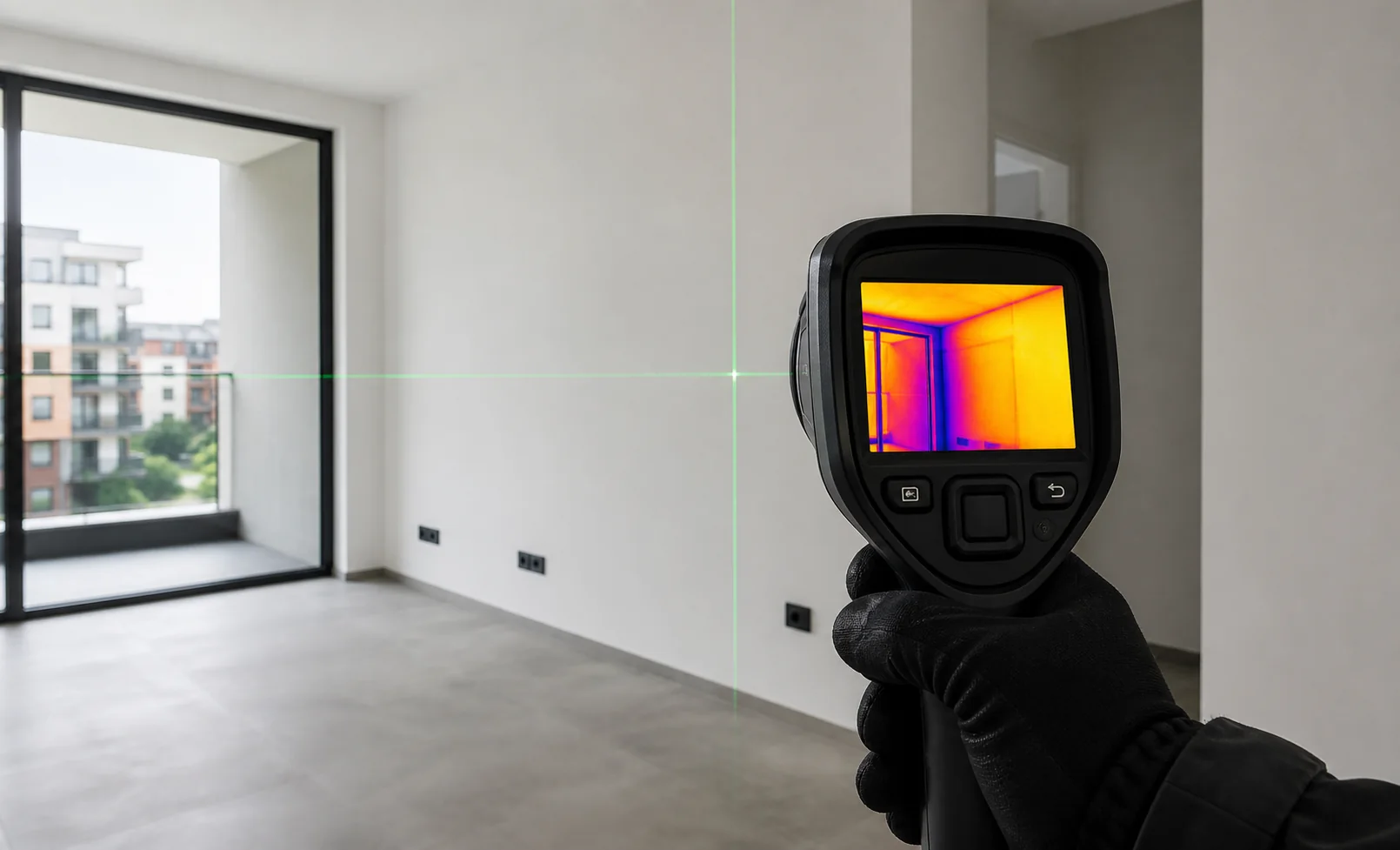 Inspecție tehnică NIVSCAN cu cameră termică și nivelă laser într-un apartament